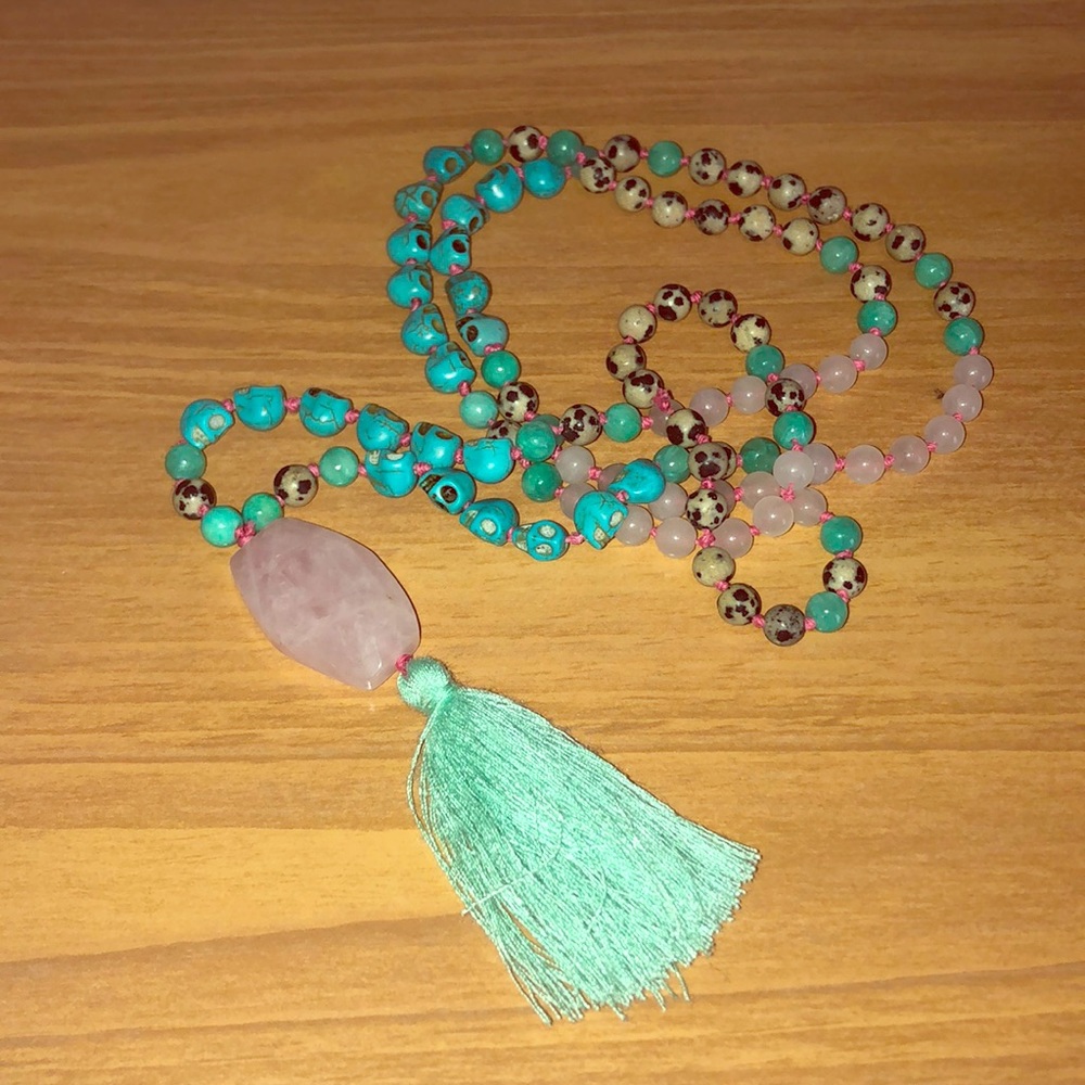 Turquoise and rose quartz beaded mala  necklace